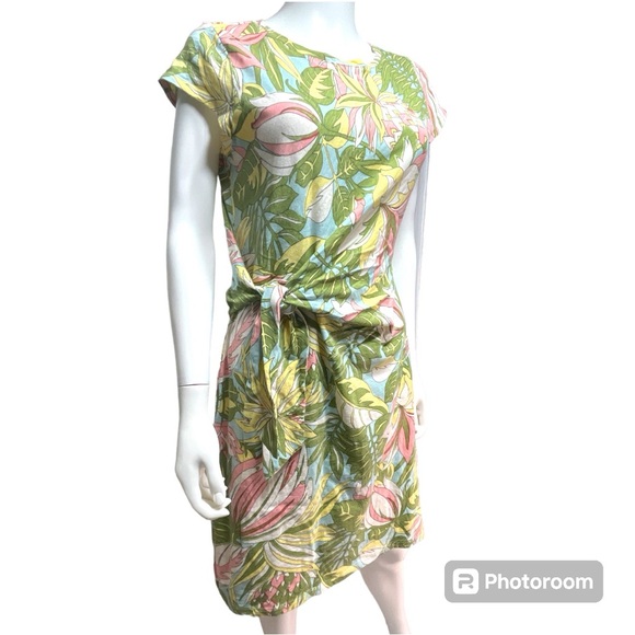 Talbots Cotton Self Tie Tropical Print Knee Length Dress Size MP - Picture 3 of 10